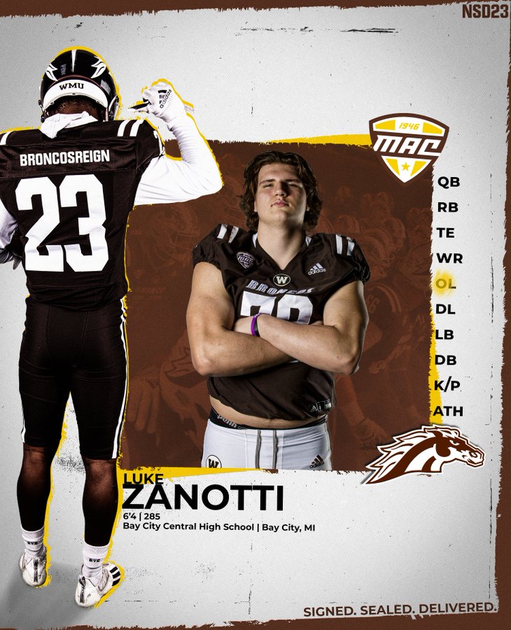 Bay City Central 2023 OT Luke Zanotti has signed his Letter of Intent with Western Michigan

football.thedzone.com/news/bay-city-…