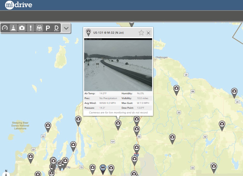 Before heading out on the roads this time of year, it's always a good idea to check the camera views and weather info at Michigan.gov/Drive. In addition to our permanent camera locations, you can also see our plow trucks and a view from the cab.