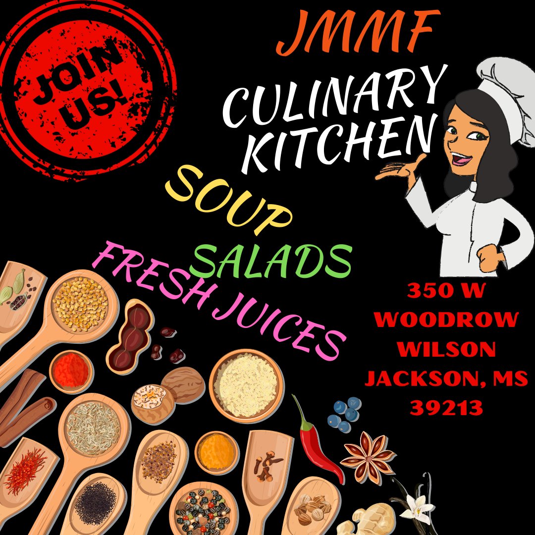 Looking for a healthy alternative for lunch today? Join us at the JMMF Culinary Kitchen! Try Chef She-She's (Just in Thyme) delicious salads, soup and farm elixir at 350 W Woodrow Wilson Ave, Jackson, MS 39213 from 11a.m. - 2 p.m.