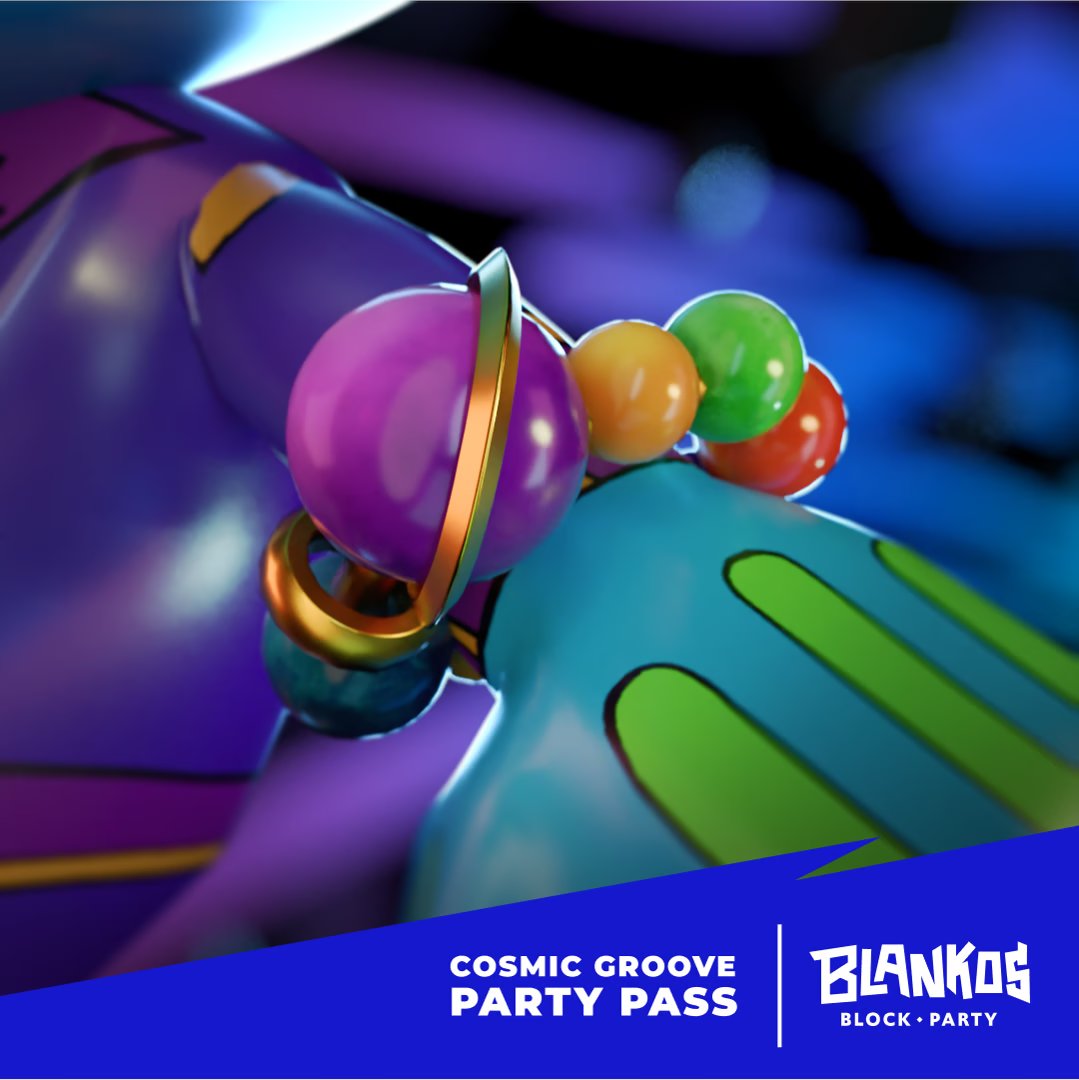 PlayBlankos's tweet photo. With today’s release of a new set of challenges at 9:00 AM PST / 17:00 UTC, a new, exclusive Accessory becomes available to earn on Party Pass: Cosmic Groove’s free track: the Orbital Bracelet! https://t.co/xBPH7pRO6A