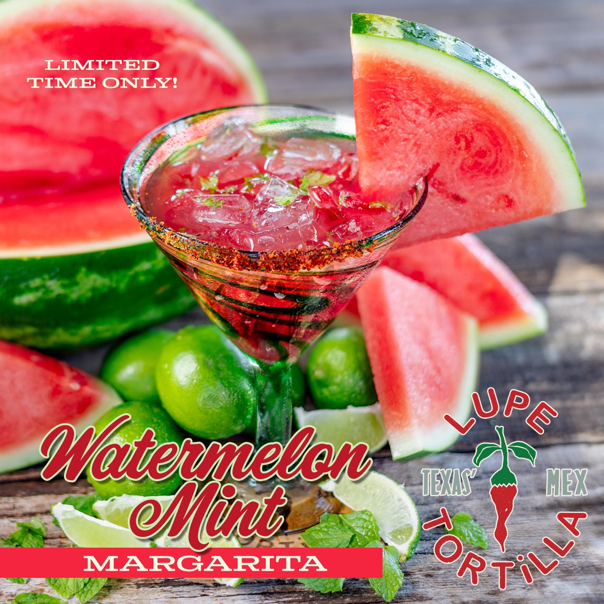New! Watermelon Mint Margarita.  Local Texas watermelon, hand pressed lime, fresh mint and 818 Blanco Tequila. Perfect for sipping on the patio.  #drink818 #818tequila #watermelon #mint #texmex #lupetortilla  tex-mex.com/locations/