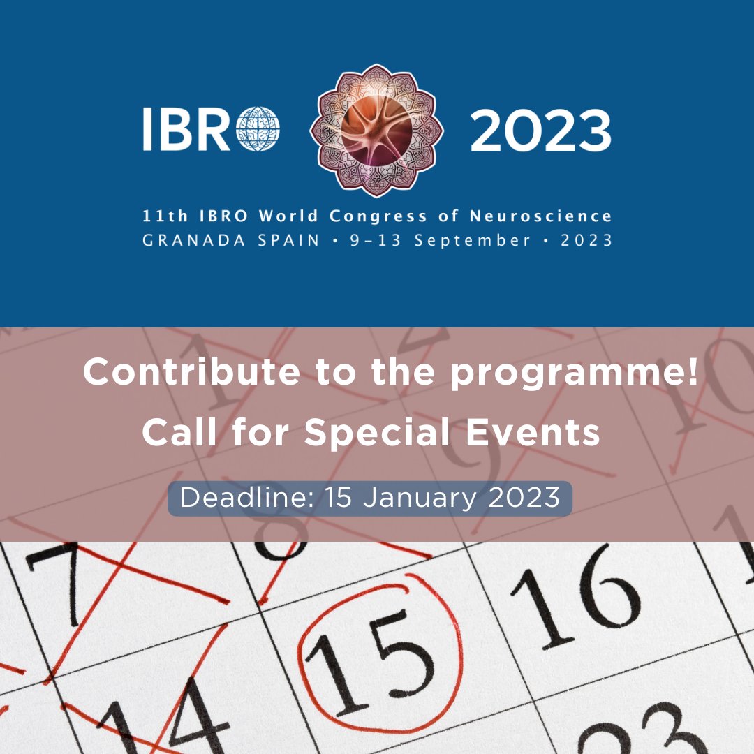 Contribute to the #IBRO2023 program! Submit a proposal for a workshop, satellite event, social event, or another event that will enrich the Congress. The call for Special Events will close on 15 January 2023.
👉 Find out more: ow.ly/p4Wz50M9xMU 
@SENC_ @JovInvest_SENC
