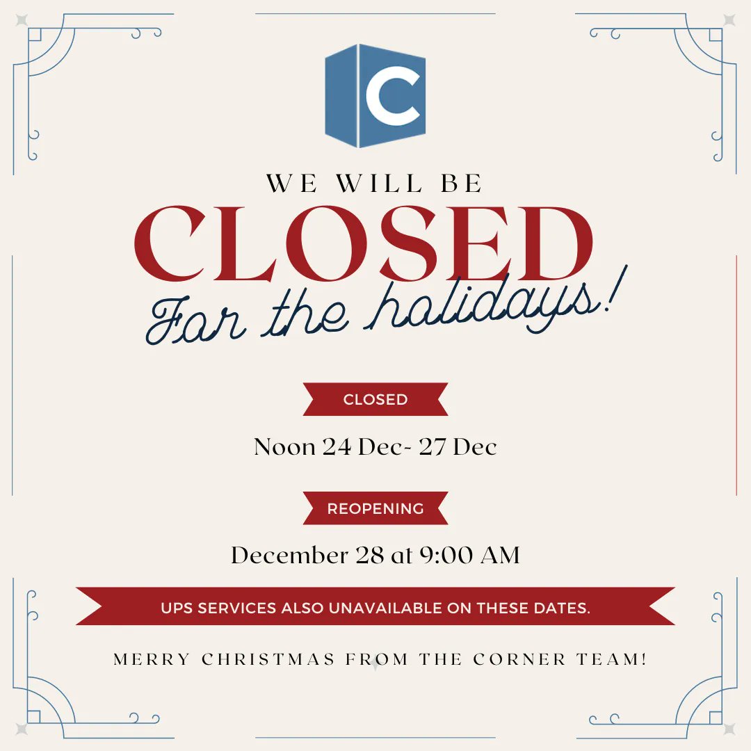 Corner members have 24/7 access to our workspace, and Christmas is no exception.   
But for the general public, as the Corner Team celebrates the holidays with our families, The Corner and our UPS access point in Cochrane will be closed to the public during the dates indicated. h