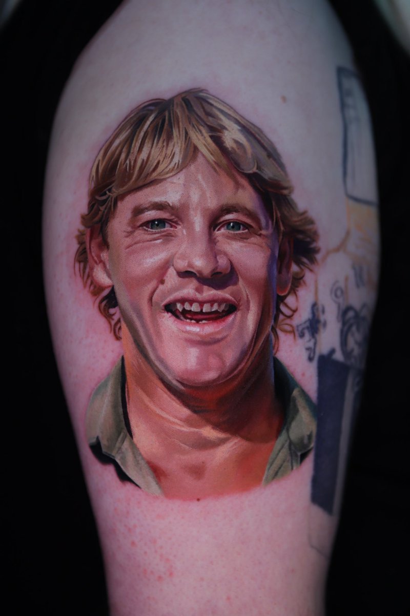 Here’s a #steveirwin portrait I tattooed for a friend. Steve is a big reason why I love animals so much. He didn’t deserve to go out that way but it’s nice to see his kids following in his footsteps.