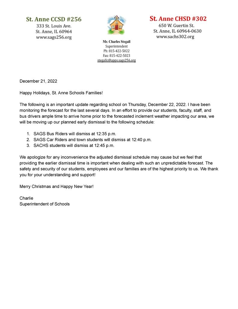 TheSAGSway's tweet photo. Please see the important notice to families regarding a change in our dismissal schedule for Thursday, December 22, 2022. https://t.co/hDxQJHPScb