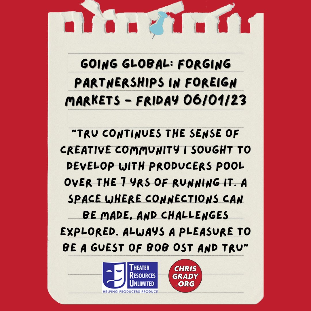 🎭 Theatre Resources Unlimited’s Community Gatherings are continuing into 2023 and Chris will be taking part on 6th January 2023 discussing all things international projects! 

Link to book your space: truonline.org/events/going-g…