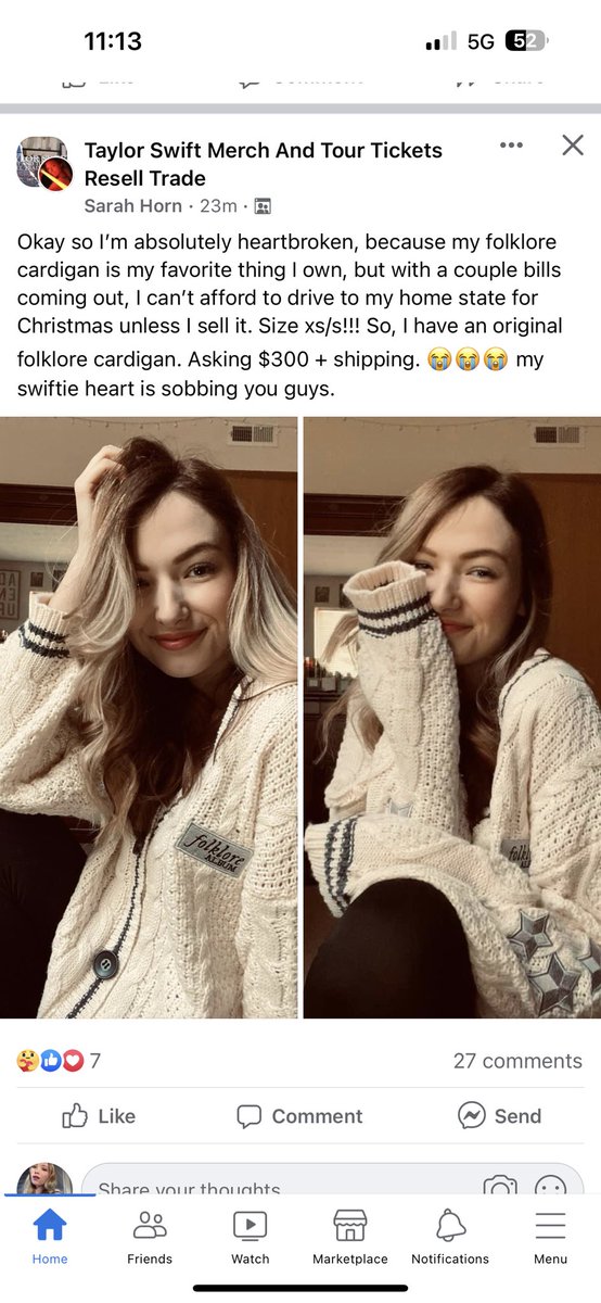 CrystalShriner6's tweet photo. This girl was selling her cardigan to get home for Christmas and all of the Taylor fans instead donated her money so she could keep it and go home. I’m not crying you are. The Taylor fandom is literally THE BEST https://t.co/sDMkmxGFfp