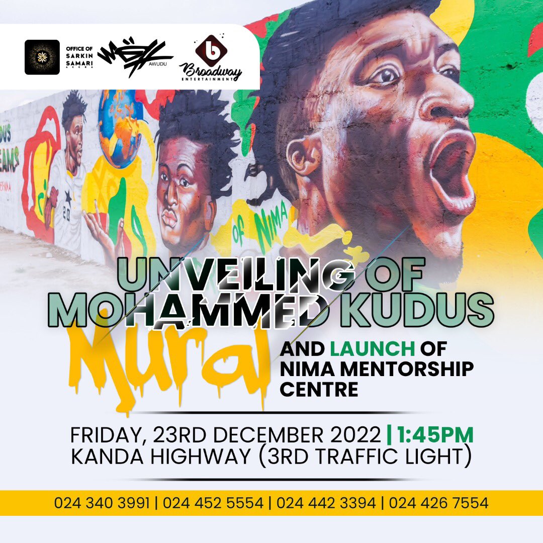 Official unveil of <a href="/KudusMohammedGH/">Mo Kuku</a>  mural at kanda highway this Friday 1:45 pm <a href="/blackstars/">Blackstars</a> <a href="/gfa/">Gemma Arnott</a>