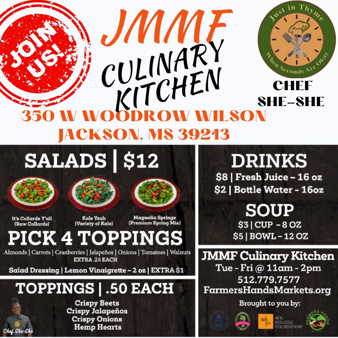 Looking for a healthy alternative for lunch today? Join us at the JMMF Culinary Kitchen! Try Chef She-She's (Just in Thyme) delicious salads, soup and farm elixir at 350 W Woodrow Wilson Ave, Jackson, MS 39213 from 11a.m. - 2 p.m.