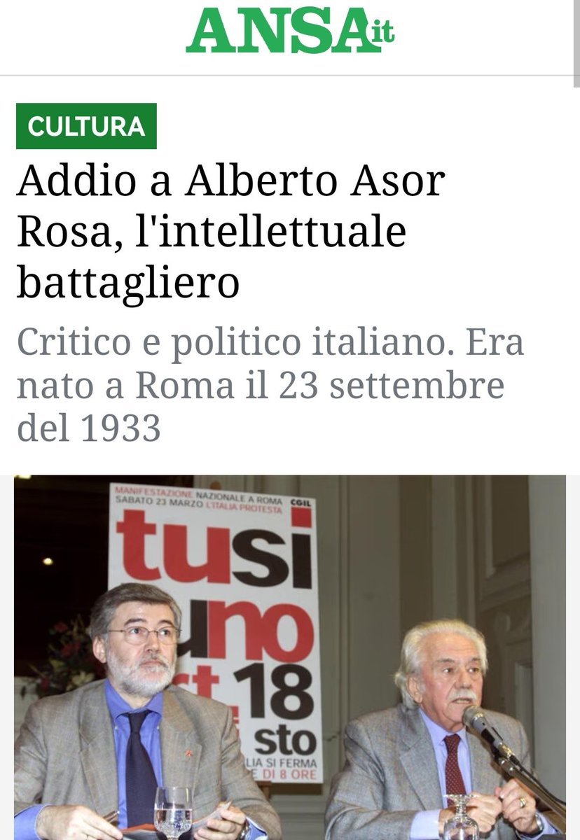 #AlbertoAsorRosa 🌹
Il più celebre ''palindromo'' della letteratura italiana, Alberto Asor Rosa - morto oggi a Roma ad 89 anni - era intellettuale battagliero, operaista, sempre in bilico tra studio e lotta sociale.