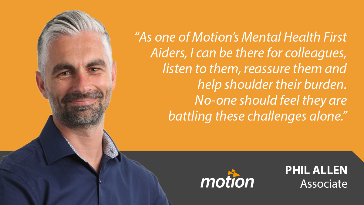 As part of a range of tools and initiatives for #wellbeing in the workplace, Motion has invested in senior-manager training to support its teams of employees. Find out why Phil Allen volunteered for Workplace Mental Health first aid training: motion.co.uk/blog/mental-he… #mentalhealth