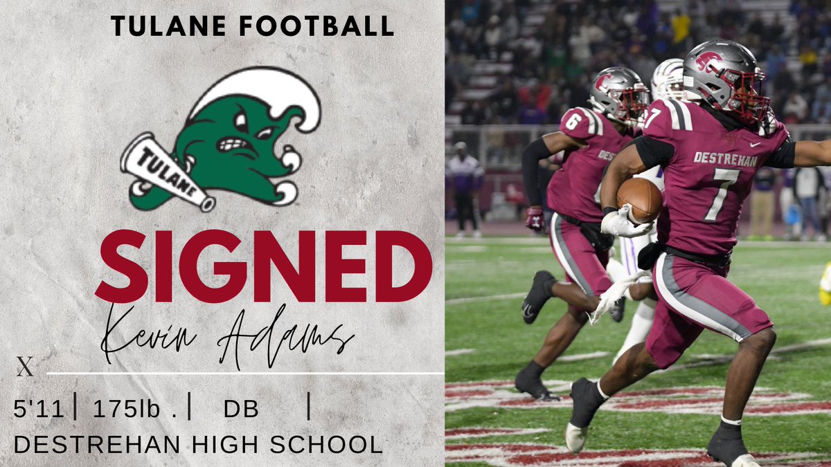 Congratulations to <a href="/adams3_k/">Kevin Adams III</a> for signing today <a href="/GreenWaveFB/">Tulane Football</a>. 1 of 3 <a href="/DHSWildcats/">Destrehan High</a> players to sign with the Green Wave today. <a href="/SCPPS/">SCPPS</a> <a href="/DestrehanSports/">Destrehan High School Athletics</a> @coachboyneDHS <a href="/coachscott20023/">Marcus Scott</a> .