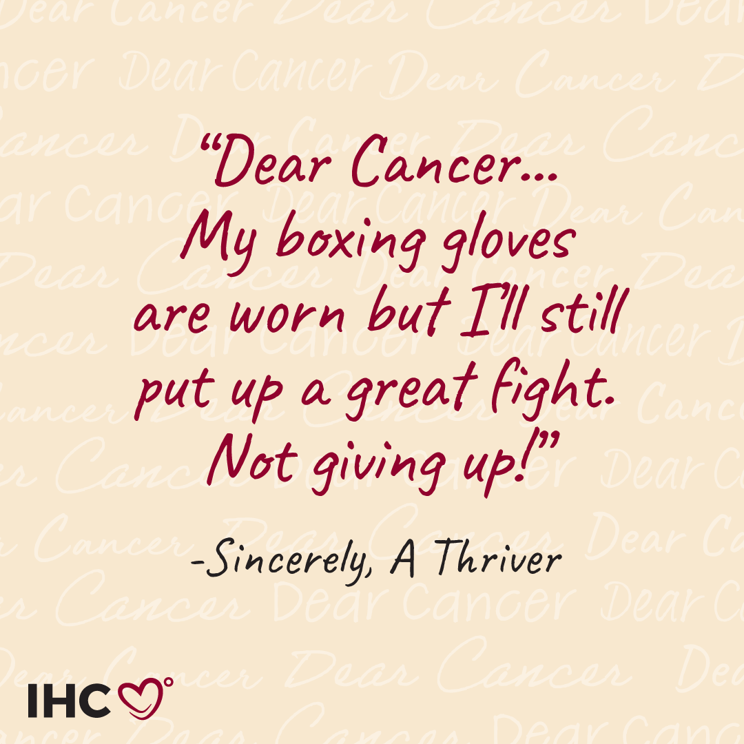 Who's still determined to put up a great fight? ✋

"Dear Cancer...My boxing gloves are worn but I'll still put up a great fight. Not giving up!" - Sincerely, A Thriver

#DearCancer #5Words2Cancer #IHadCancer #CancerCommunity #CancerAwareness