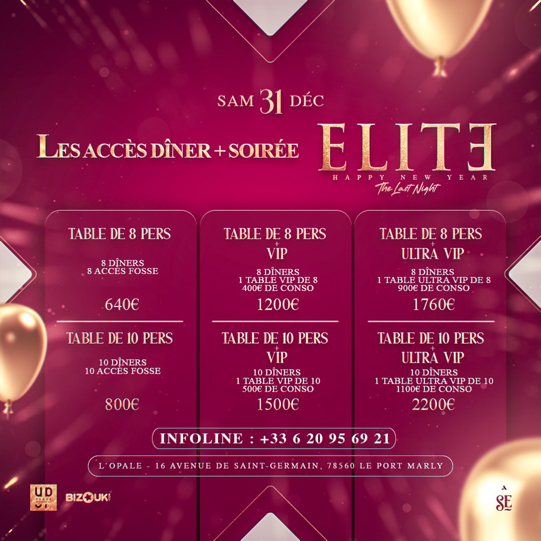 ✨ Les accès dîner + soirée pour les groupes de 8 ou 10 personnes. 

N’hésitez pas à nous contacter via l’info-line pour avoir plus d’informations ℹ️ 

📲 06 20 95 69 21

🎫 my.bizouk.com/elite-happy-new