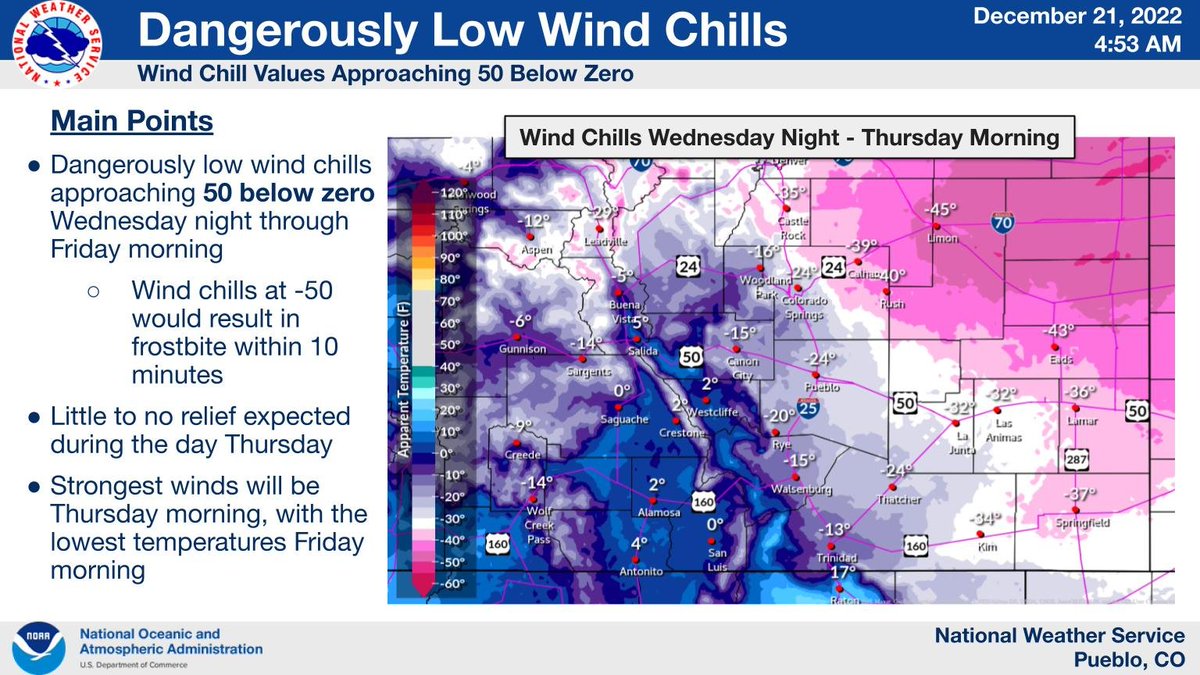 NWSPueblo's tweet photo. The Arctic cold front is still on track for early this evening. Here are the updated wind chill values for tonight - BITTERLY cold. Get ready for this one... #cowx https://t.co/vgnqaucReX
