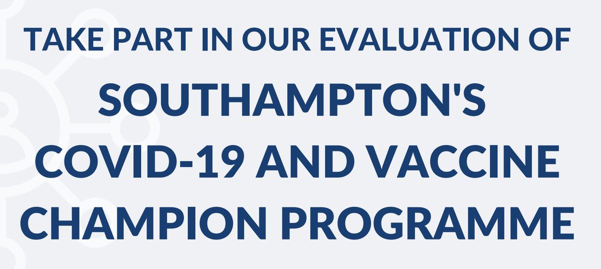 SouthamptonVS (@southamptonvs) on Twitter photo Take part in the evaluation of Southampton's Covid -19 and vaccine Champions Programme that was rolled out by Southampton City Council. To take part, please complete this online form or email us at
phirst@herts.ac.uk. Click on the link. <a href="/SouthamptonCC/">SouthamptonCC</a>
ow.ly/uj0Y50M9fcS Take part in the evaluation of Southampton's Covid -19 and vaccine Champions Programme that was rolled out by Southampton City Council. To take part, please complete this online form or email us at
phirst@herts.ac.uk. Click on the link. <a href="/SouthamptonCC/">SouthamptonCC</a>
ow.ly/uj0Y50M9fcS