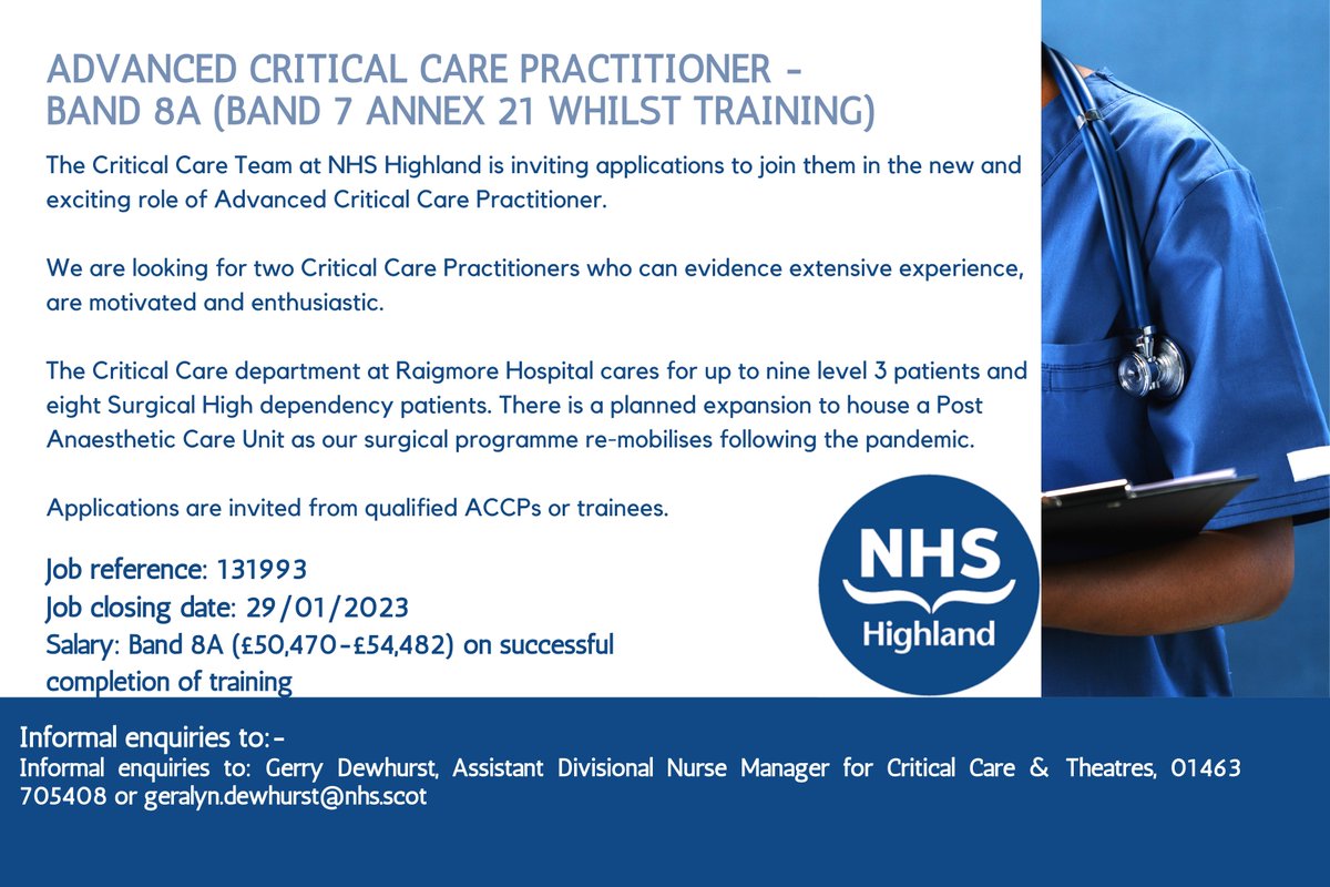 We are looking for enthusiastic individuals to join our Critical Care Team in the new and exciting role of Advanced Critical Care Practitioner (ACCP).  

apply.jobs.scot.nhs.uk/Job/JobDetail?…

@NHSHJobs #NHSHCareers #NHSH #TeamHighland @NHSHighland