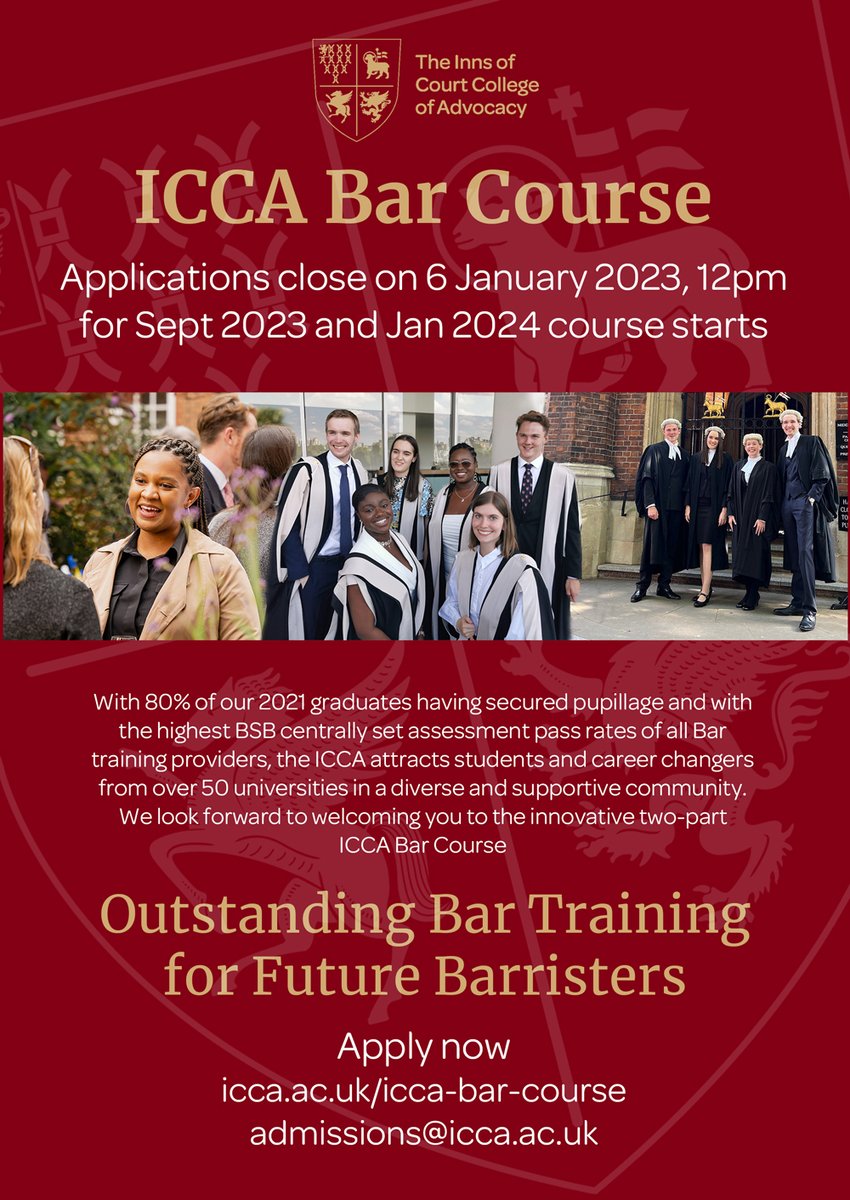 The ICCA Bar Course application portal will remain open until 12pm on Friday 6 January 2023 for courses commencing in September 2023 or January 2024. We look forward to welcoming you.

#ForFutureBarristers