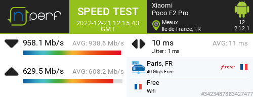 KoshoNSA's tweet photo. ↓958087 kb/s ↑629463 kb/s, ⇄ 10 ms / wifi:Free / #PocoF2Pro / #nPerf v2.12.1 / pop wifi 6 https://t.co/WCaYaBGo4Z