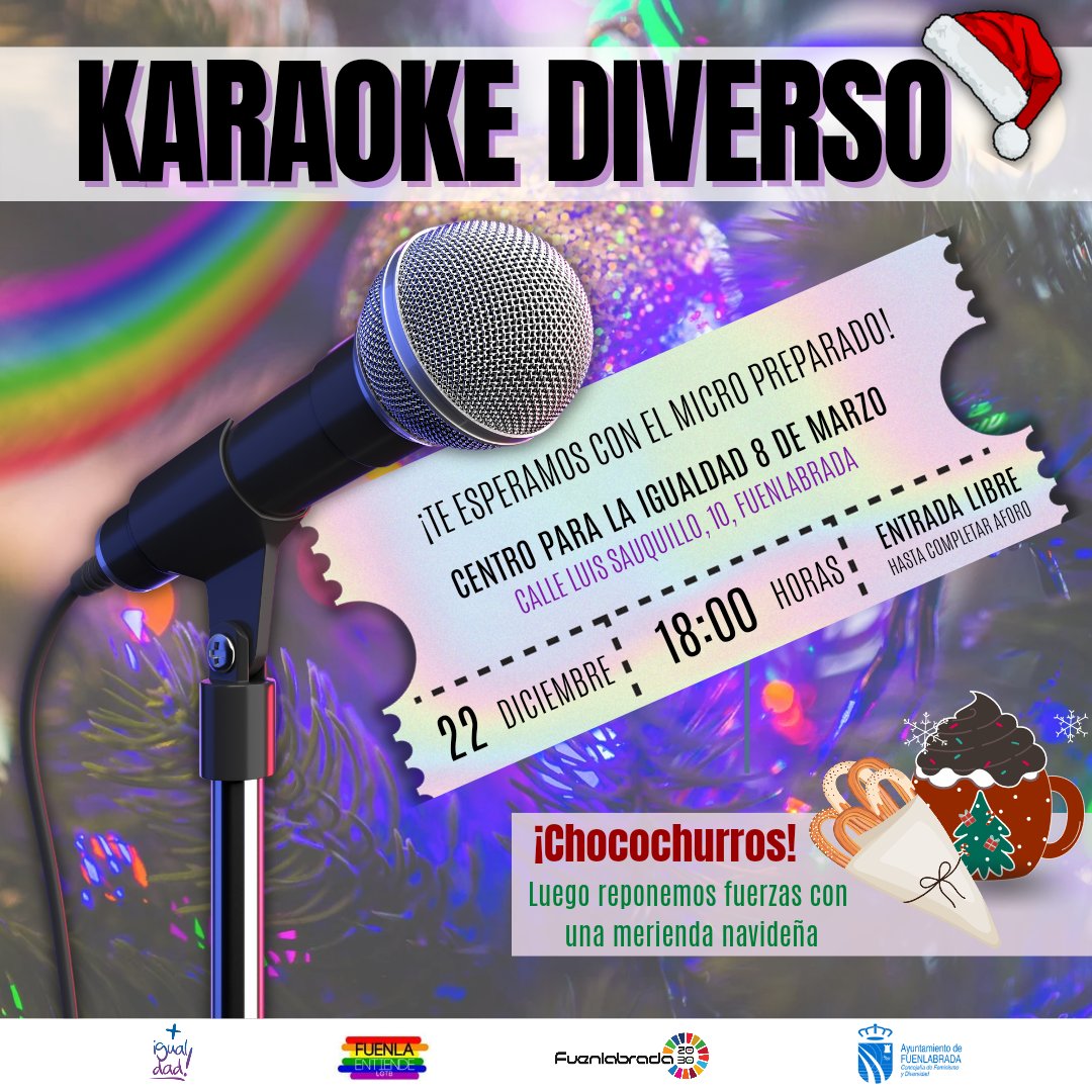 ¡Mañana lo damos todo cantando 🎶 en nuestro Karaoke Diverso con canciones de siempre y últimos temazos!🌈

🗓22 de diciembre🕜18:00
👉Centro para la Igualdad 8 de Marzo.

💫Cerramos con un chocochurros navideño☕

#IgualdadFuenla #MásIgualdad