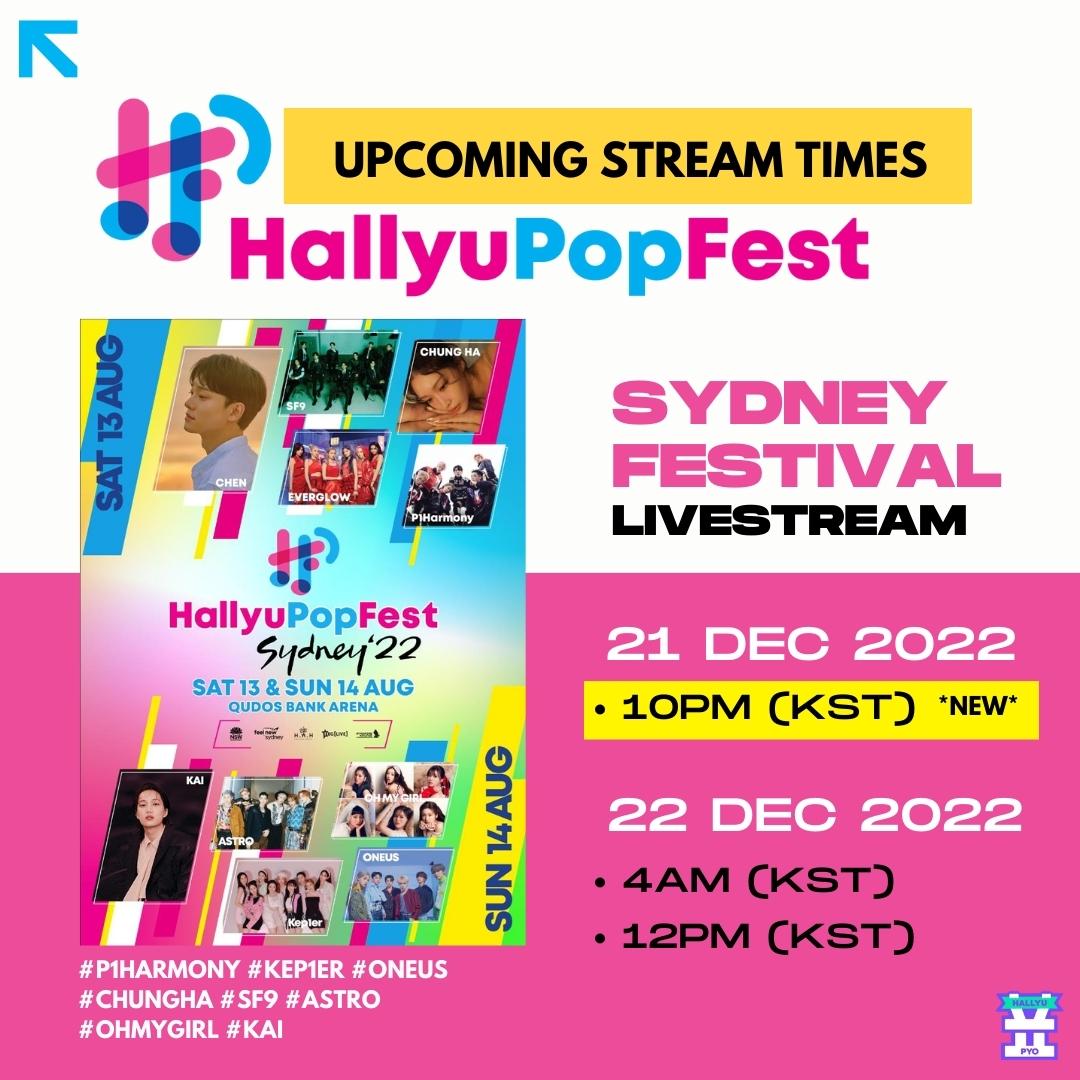 Announcement: HallyuPopFest Sydney 2022 Additional stream timing!

For users that may have missed parts of the stream, we’ll be doing an additional encore broadcast at 10PM (KST) at the same link: iframe.dacast.com/live/77bd3b2c-… 

#HallyuPopFest #HPF2022