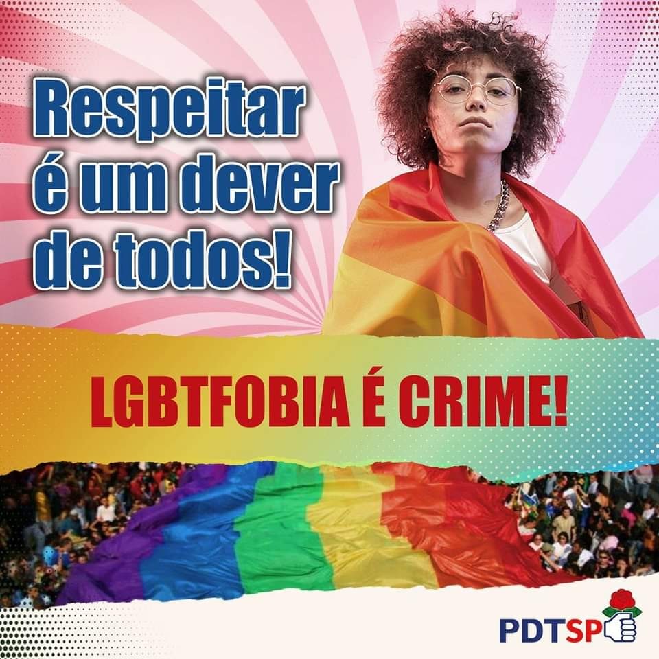 sp_pdt's tweet photo. O direito de cada pessoa viver conforme a identidade gênero e a orientação sexual são garantidos no Brasil! A LGBTfobia é crime! O respeito às pessoas da comunidade é um dever de todos! https://t.co/355Sj7vm5f