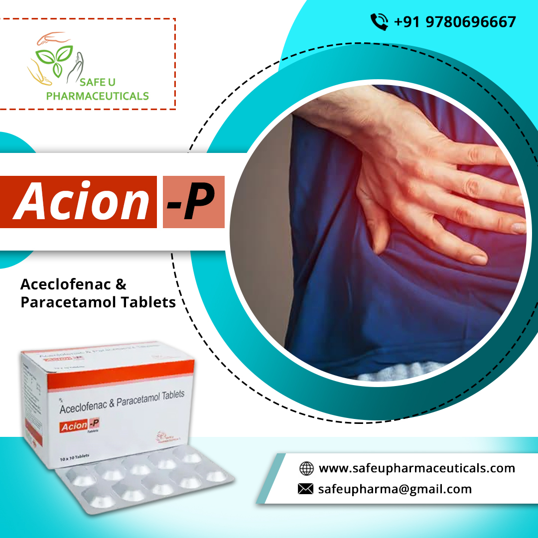 SafeuPharma's tweet photo. Acion -P 
Aceclofenac &amp; Paracetamol Tablets

Safe u Pharmaceuticals is a WHO-GMP &amp; ISO 9001:2015 certified company. The company was founded in 2012 to provide a complete wide range of pharmaceutical products.

Contact Us:-
👉:- https://t.co/kEdvb1WF4G

#pcdfranchise #franchise https://t.co/Agi9U83Tgp