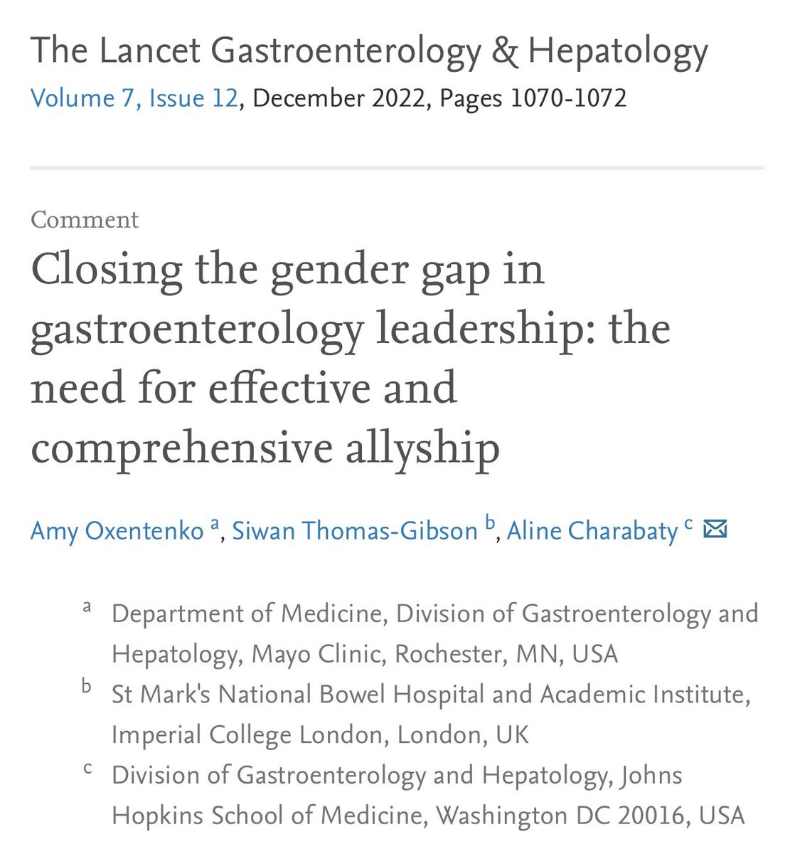 Aline Charabaty, MD, FACG, AGAF (@dcharabaty) on Twitter photo #GITwitter
The 4th🗞️of the #GenderEquity series I had the privilege to lead w ⭐️#WomenInGI⭐️ is out
<a href="/LancetGastroHep/">The Lancet Gastroenterology & Hepatology</a> doi.org/10.1016/S2468-…
🎯Closing the #GenderGap in #GILeadership: The need for effective & comprehensive #Allyship <a href="/SiwanTG/">Siwan</a> <a href="/AmyOxentenkoMD/">Amy Oxentenko MD</a>
A🧵& a 📣to action #GITwitter
The 4th🗞️of the #GenderEquity series I had the privilege to lead w ⭐️#WomenInGI⭐️ is out
<a href="/LancetGastroHep/">The Lancet Gastroenterology & Hepatology</a> doi.org/10.1016/S2468-…
🎯Closing the #GenderGap in #GILeadership: The need for effective & comprehensive #Allyship <a href="/SiwanTG/">Siwan</a> <a href="/AmyOxentenkoMD/">Amy Oxentenko MD</a>
A🧵& a 📣to action