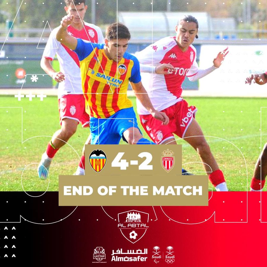 🦇 #VCFJuvenil A  

↗️ Victoria 4⃣-2⃣ 🆚 <a href="/AS_Monaco_ES/">AS Monaco ES 🇲🇨</a> en la tercera jornada de la <a href="/AlAbtalCup_ar/">كأس الأبطال الدولية</a> 🏆 

⚽️⚽️ <a href="/_joseluu_27/">José Luis</a> 
⚽️ Hugo de Mateo 
⚽️ <a href="/Marcpalomeroo/">Marc Palomero🥴</a>

<a href="/SSDFT_AR/">برنامج الابتعاث السعودي لتطوير مواهب كرة القدم</a> | <a href="/valenciacfArab/">🦇🍊🌊 نادي فالنسيا</a>
 
 #CORVCF #ADNVCF |