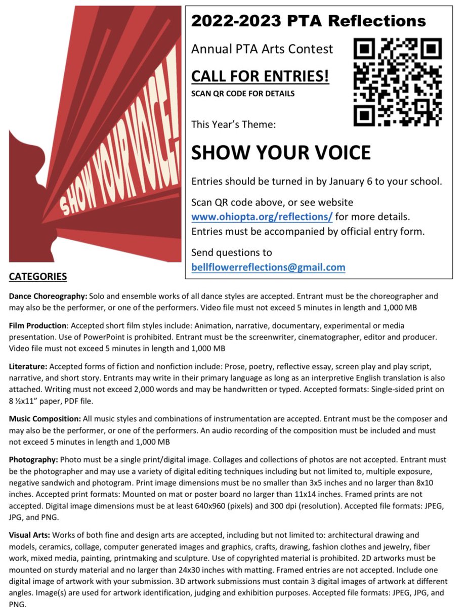 ‼️Show your voice! ‼️ Submit your reflections entry for our annual PTA Arts Contest by January 6, 2023. More information ➡️ ohiopta.org/reflections/. 

To submit your entry electronically or for additional questions, please contact bellflowerreflections@gmail.com 📧