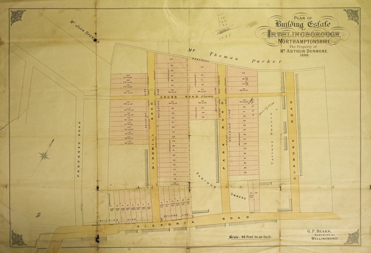 NorthantsPast's tweet image. This is a plan of building estate at Irthlingborough. It shows plots on Windmill Road, Park Road and Victoria Road. Dated 1899.
Reference: Map/6265