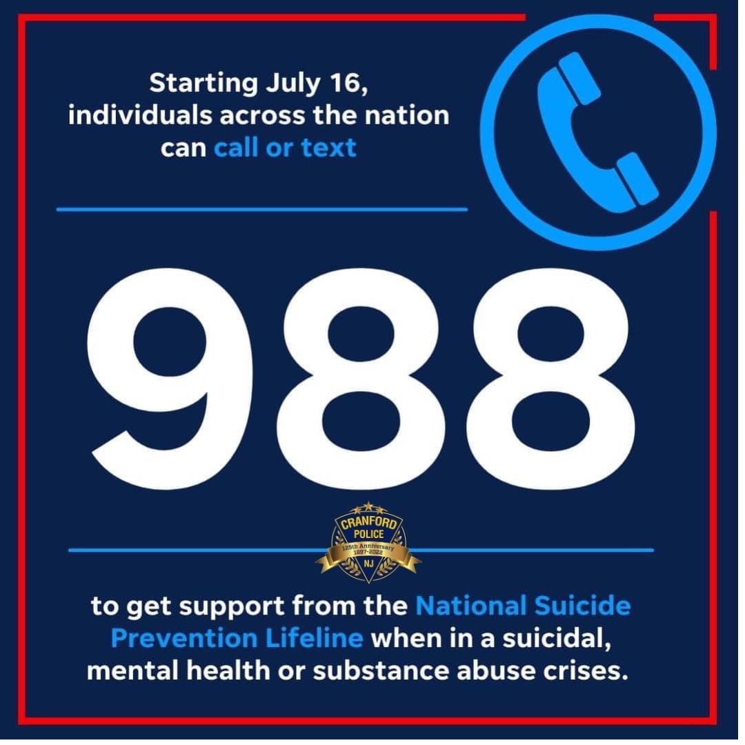 CranfordPD's tweet photo. Sometimes the holiday season is not as happy a time for everyone - so it’s important to know about the 988 Suicide Hotline and to spread the word about it to your friends and loved ones. https://t.co/wdevWXwKGY