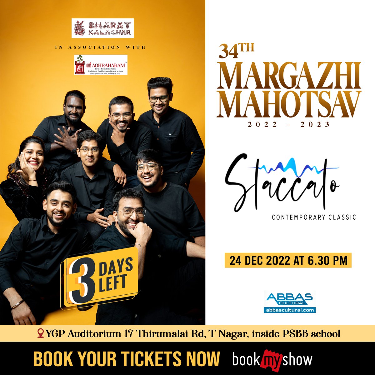 Only 3 days to go! Book your tickets now!!!

The OG #StaccatoLive is back performing at #YGPauditorium on 24th December!

Link 🔗: in.bookmyshow.com/chennai/events…

DO NOT MISS!!!

#StaccatoLive #Margazhi2022  #margazhimahotsav #ygpauditorium #chennailivemusic #silvertree