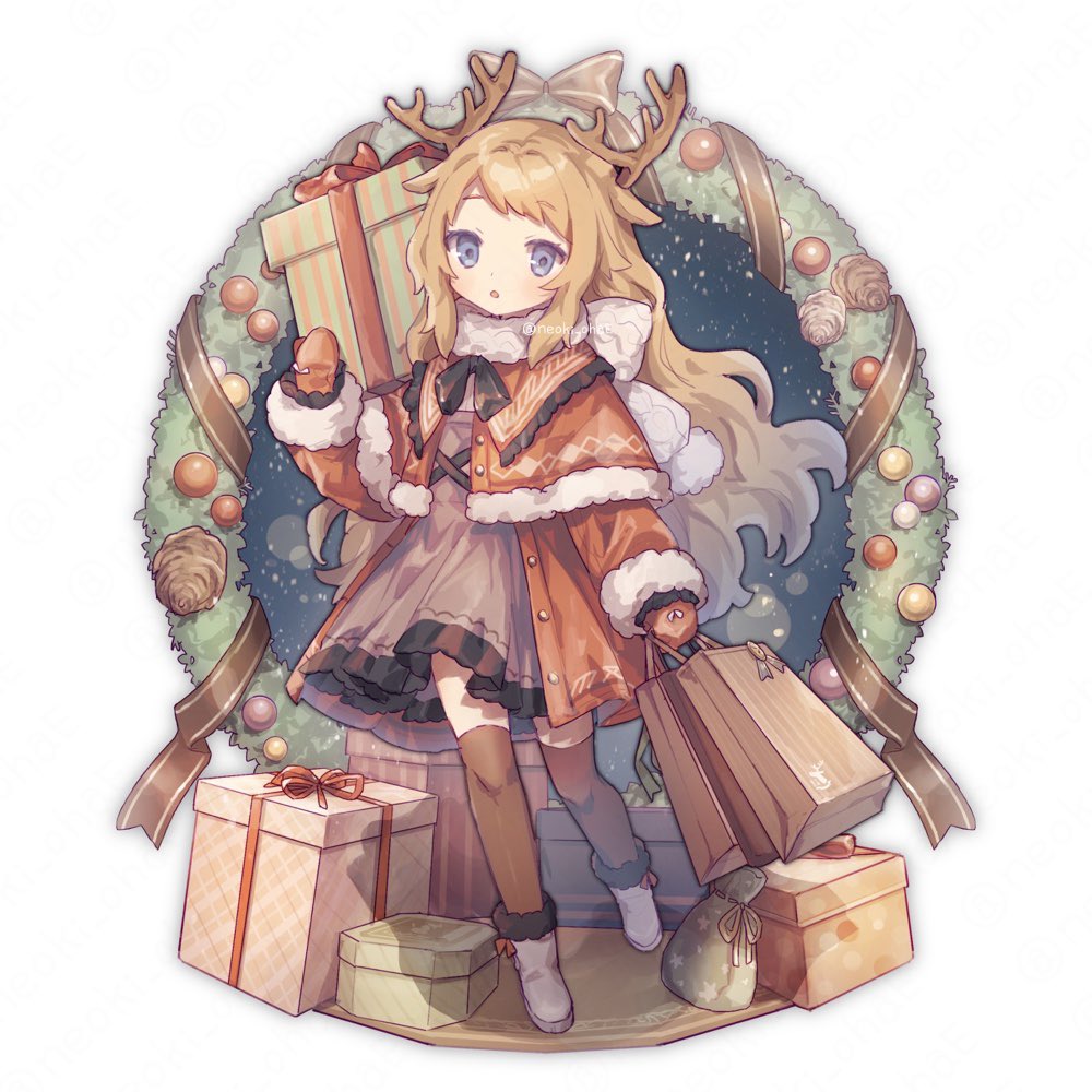1girl solo long hair gift thighhighs dress antlers  illustration images