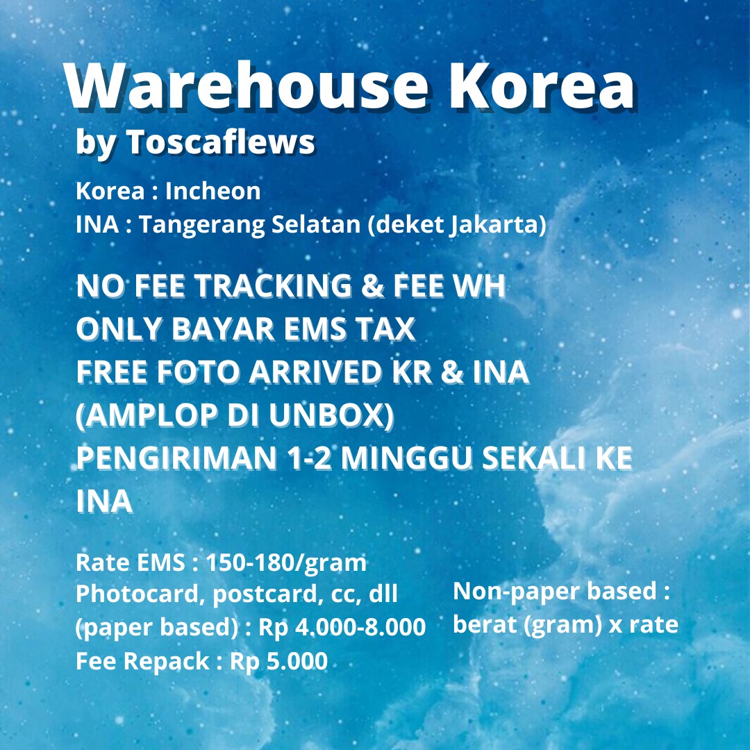 toscaflews's tweet photo. JASA WAREHOUSE KOREA (WH KR) by Toscaflews 

✅ NO FEE WH &amp; FEE TRACKING
✅ FREE FOTO ARRIVED KR &amp; INA (amplop diunbox)
✅ Pengiriman by EMS rutin 1-2 minggu sekali

🏠 Tangerang Selatan (dkt jakarta)

Yang mau join, bisa DM yaa https://t.co/8eGab5H5ge