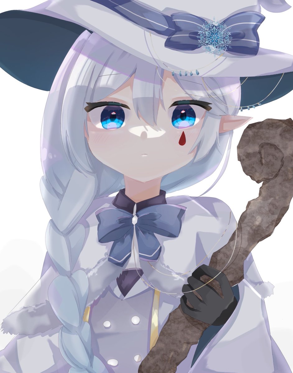 1girl hat pointy ears witch hat braid blue eyes staff  illustration images