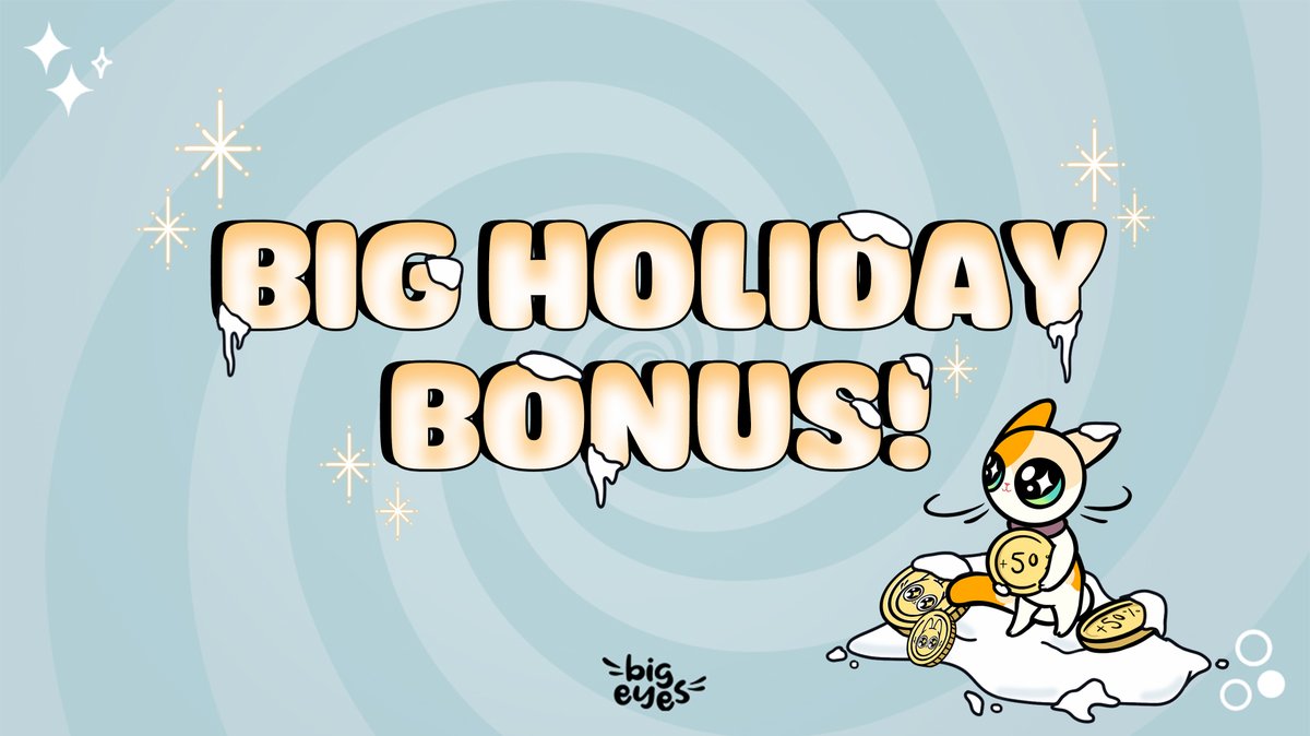 BigEyesCoin's tweet image. 🎁🎄Big Eyes says let the $BIG Holiday festivities continue!🎄🎁 

📢For the next three days (72hrs), everyone can enjoy a Massive 50% Bonus on any $BIG purchases with this BONUS CODE: BIG50XMAS📢

Join the cute: join.bigeyes.space/twitter

#BigEyesCoin #altcoin #memecoin #presale