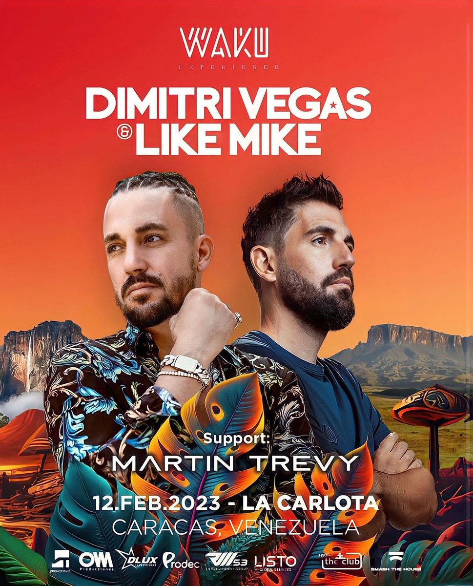 Los hermanos de origen belga, <a href="/dimitrivegas/">Dimitri Vegas</a> y <a href="/likemike/">LIKE MIKE</a> se han esforzado para posicionarse como el dúo más sobresaliente del EDM. Arrasando en numerosas listas musicales, harán vibrar a Caracas con sus exitosas mezclas por segunda ocasión 😜⚡

🗓️ 12 de Febrero 
📍 La Carlota
