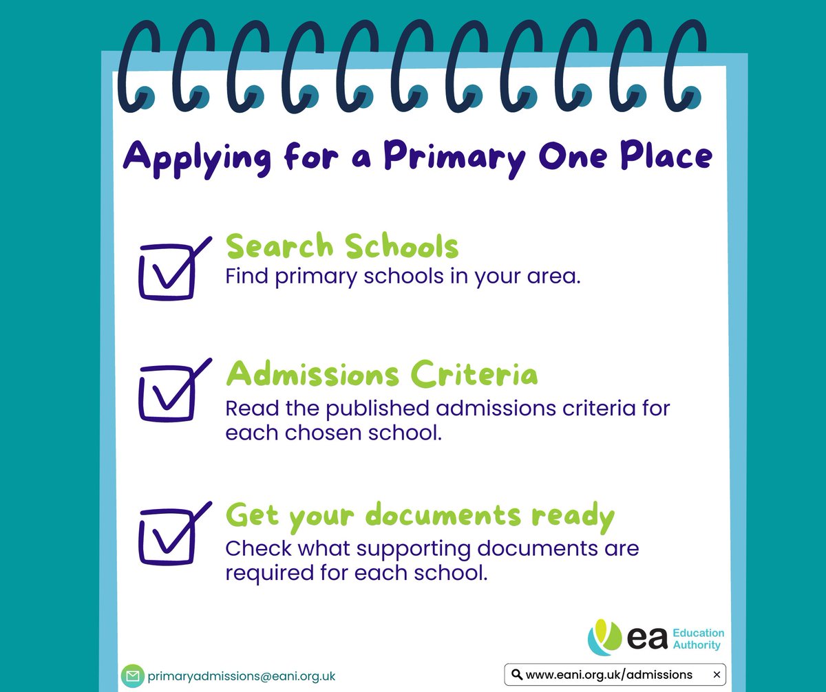 Applications for a P1 place for Sept 2023 will be open on 10 January 2023.

If you are applying for your child, there are a few things you need to do to prepare. 

🌐 For more information please visit: ow.ly/CHVi50M88sC 

#EAadmissions23 | <a href="/nidirect/">nidirect</a>
