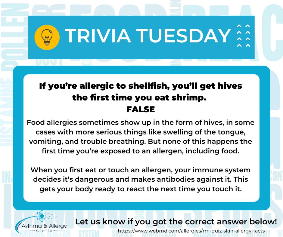 AsthmaAllergyVA's tweet image. Did you choose false? 

#allergy #AACVA #TriviaTuesdayAnswer #allergist #RoanokeVa #shellfish #foodallergy