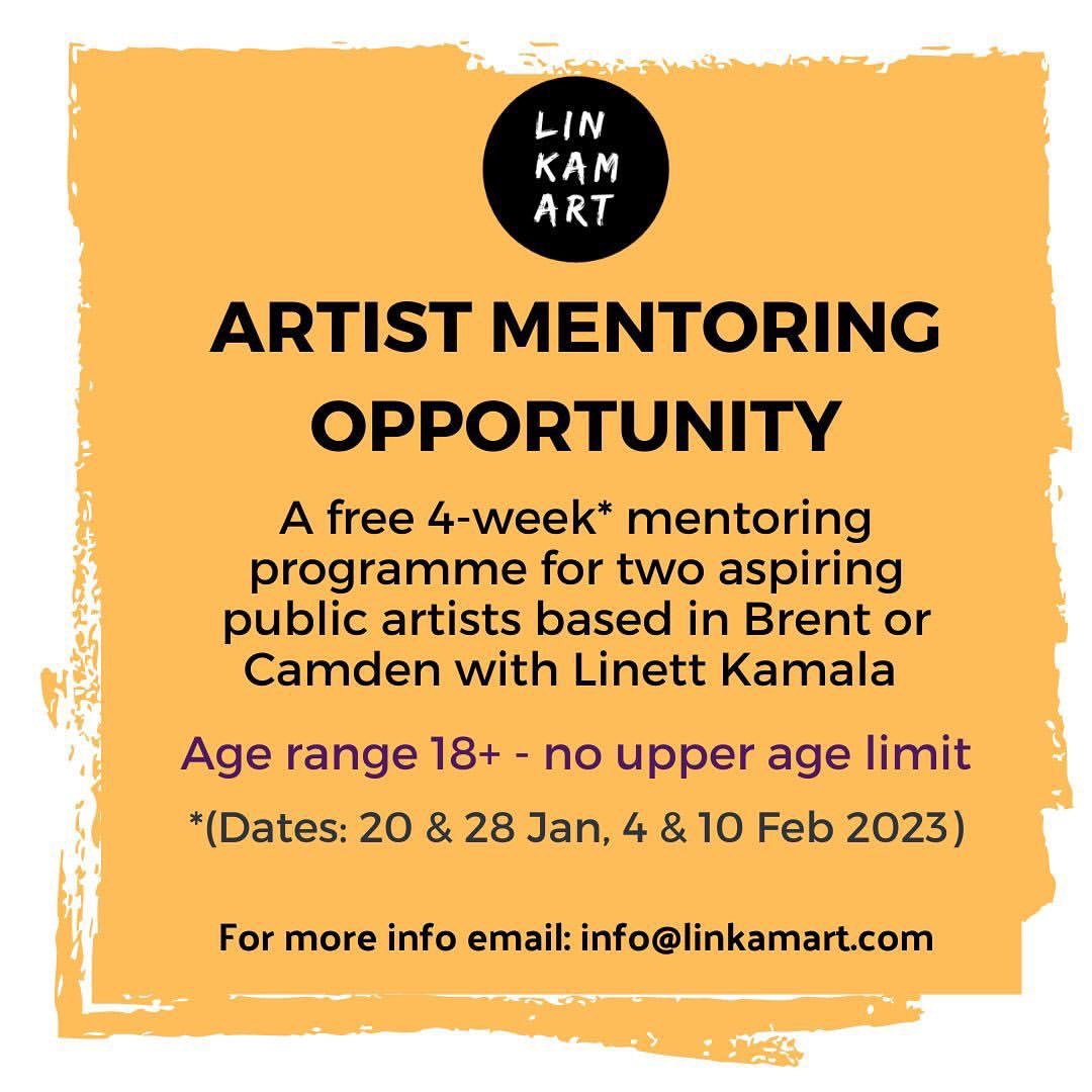 🚨Artist Mentoring Opportunity
from @lin_kam_art with artist @linett_kamala for two creatives.
Apply via an online: forms.gle/6917gfNCzUtc9g…
For more info: email: info@linkamart.com or visit website: linkamart.com/portfolio-item…
@lin_kam_art @brentcouncil @CamdenCouncil #linkamart
