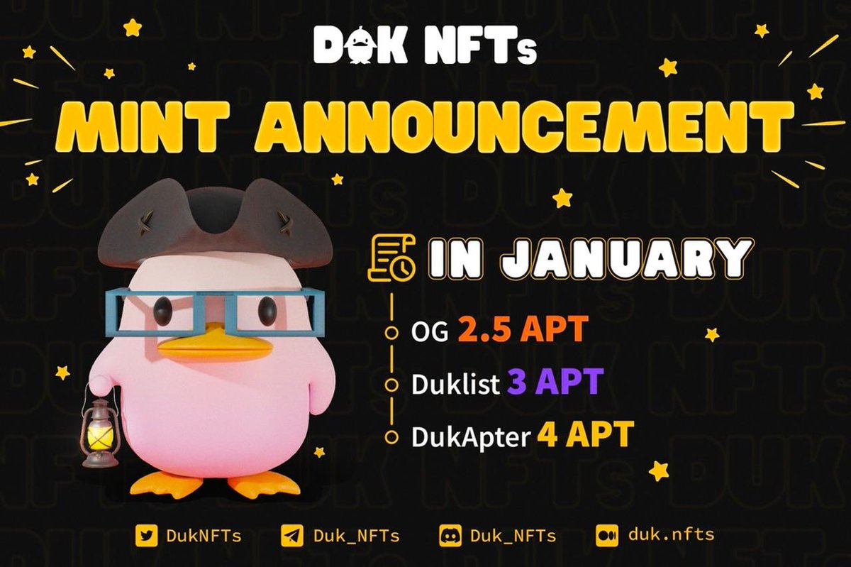 DukNFTs's tweet photo. Dear all DukApters
After conducting a survey for Duk community to determine the best price for each Duk role,we would like to announce the new Duk NFT price for each role:
OG: 2.5 APT
Duklist: 3 APT
DukApters: 4 APT
Thanks for your opinion as well as your support for our project. https://t.co/Fsh6ob8UHr