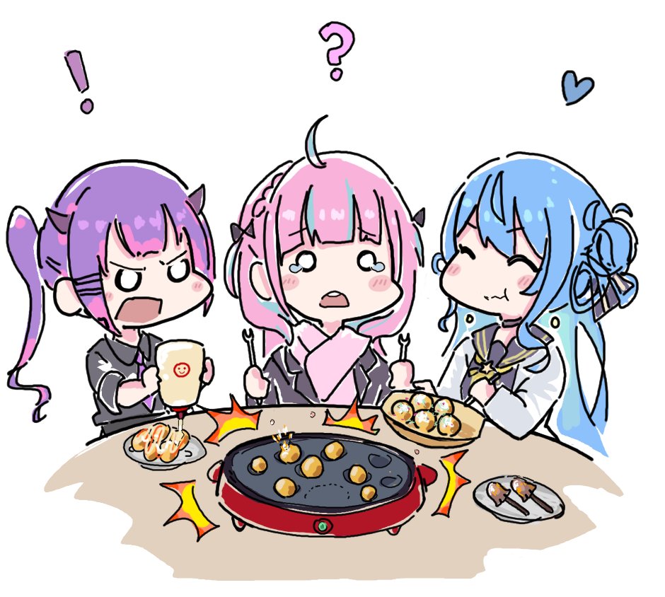 hoshimachi suisei ,minato aqua ,tokoyami towa 3girls multiple girls pink hair purple hair blue hair twintails fork  illustration images