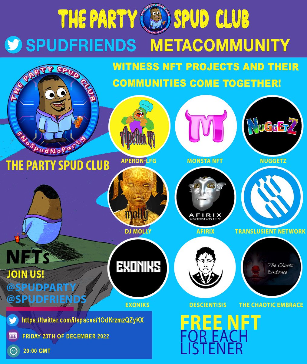Nuggetz_io's tweet photo. Let's Vibe Nuggetz 🔥

1⃣Follow 
@SpudFriends
@SpudParty
@Nuggetz_io 
2⃣RT🔃 Like❤️&amp; Tag 3 friends🗨️
3⃣Set reminder📅&amp; join:
https://t.co/KijFaK8xG5

Get to know these projects:
@monsta_nft
@mollynft_
@transient_sc
@EXONIKS_NFTs
@DeScientistz
@Afirixcommunity
@ChaoticEmbrAce_ https://t.co/ZuFp4VxNAA