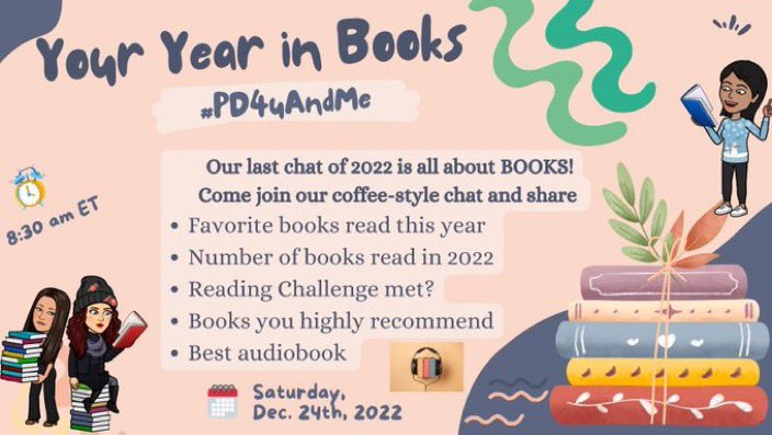 Our LAST #PD4uandme chat of 2022 is all about BOOKS!

Ƴᗝᑌᖇ Ƴᗴᗩᖇ Iᑎ ᗷᗝᗝᛕᔕ
Join our coffee-style chat 
📚 Favorite books read 
📚 Number of books read in 2022
📚 Reading Challenge met?
📚 Books you highly recommend
📲🎧 Best audiobook
@teresamgross @specialtechie