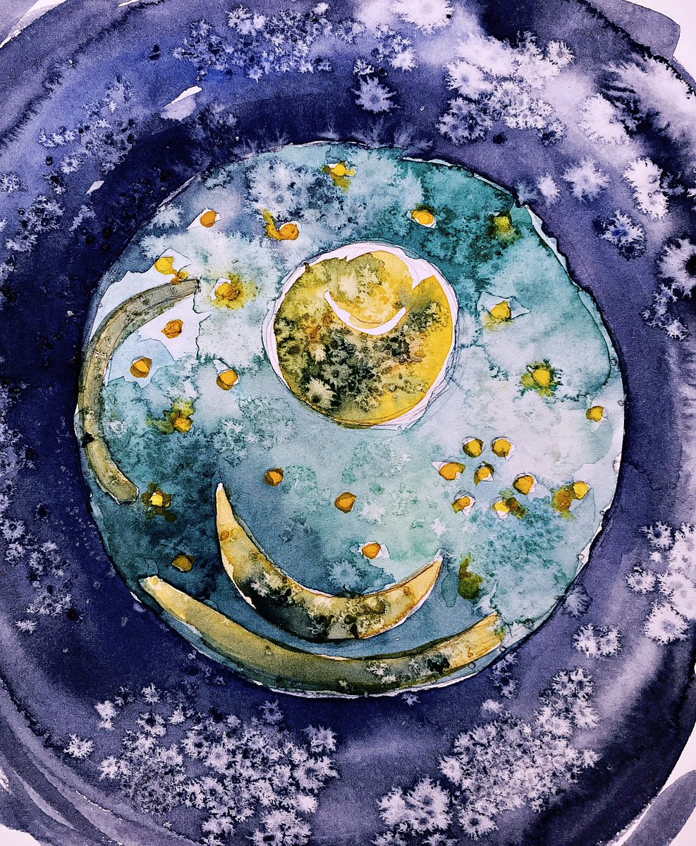 Happy Winter Solstice! 
The days get longer from now on… 
This is my watercolour of the Nebra sky disc - dating to the Bronze or Iron Age - depicting the heavens.
May the next orbit of the sun hold peace, health and happiness for you.