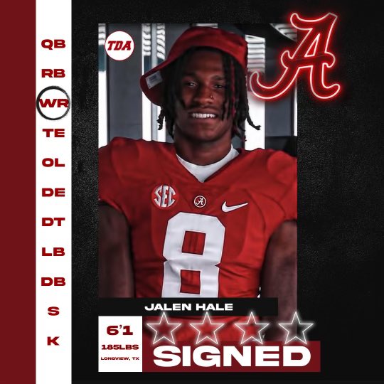 4-Star WR Jalen Hale @JalenHale8 makes it official with Alabama. Hale is a product of Texas.