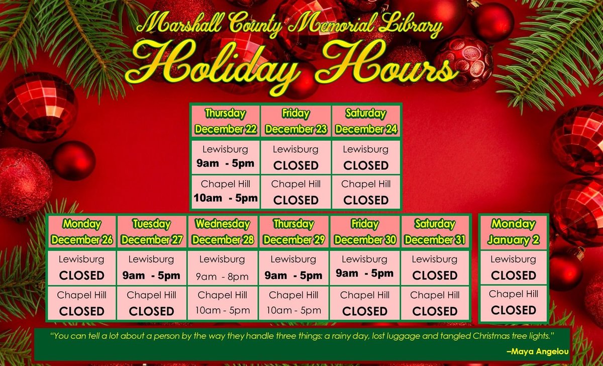 Holiday hours begin on Thursday, December 23rd and continue through January 2nd. Happy Holidays!!