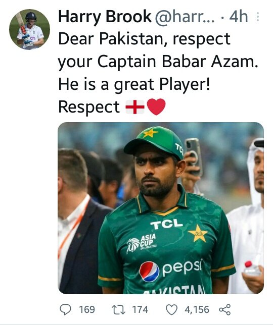 ShanoSandila's tweet photo. Respect for @harrybrook
#BabarAzam𓃵 https://t.co/vACYwPo5sz