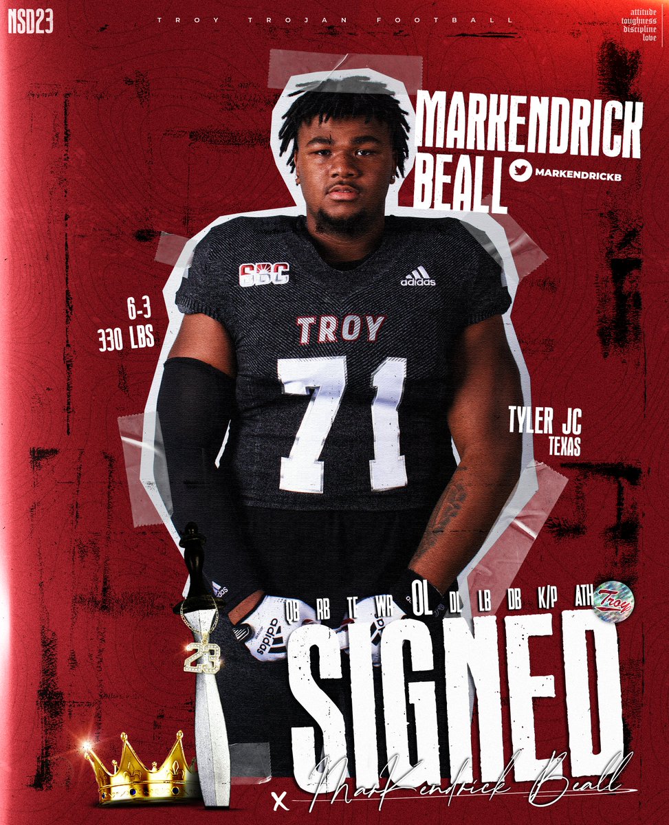 One of the top JUCO lineman in the country is a Trojan ... Welcome Markendrick Beall to the Family! #RiseToBuild | #TroyNSD23 | #OneTROY ⚔️🏈